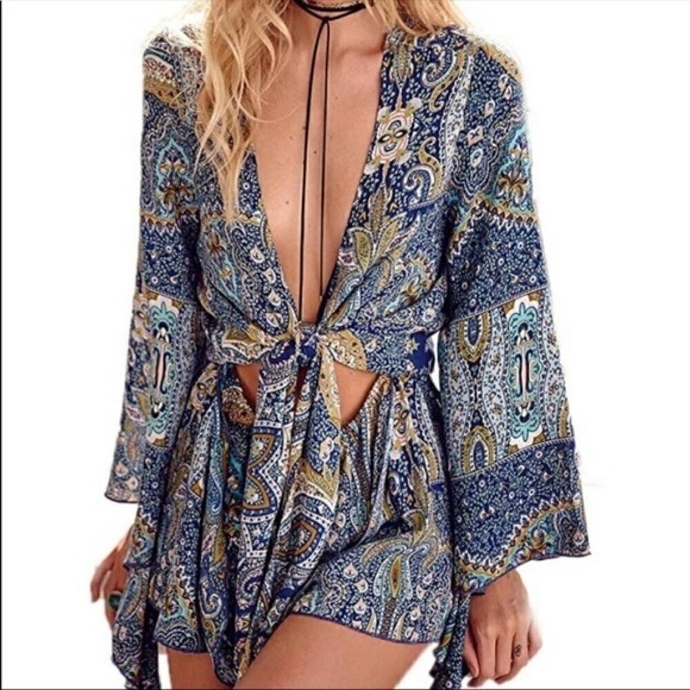 Boho Front Tie Romper with Long Flare Sleeve